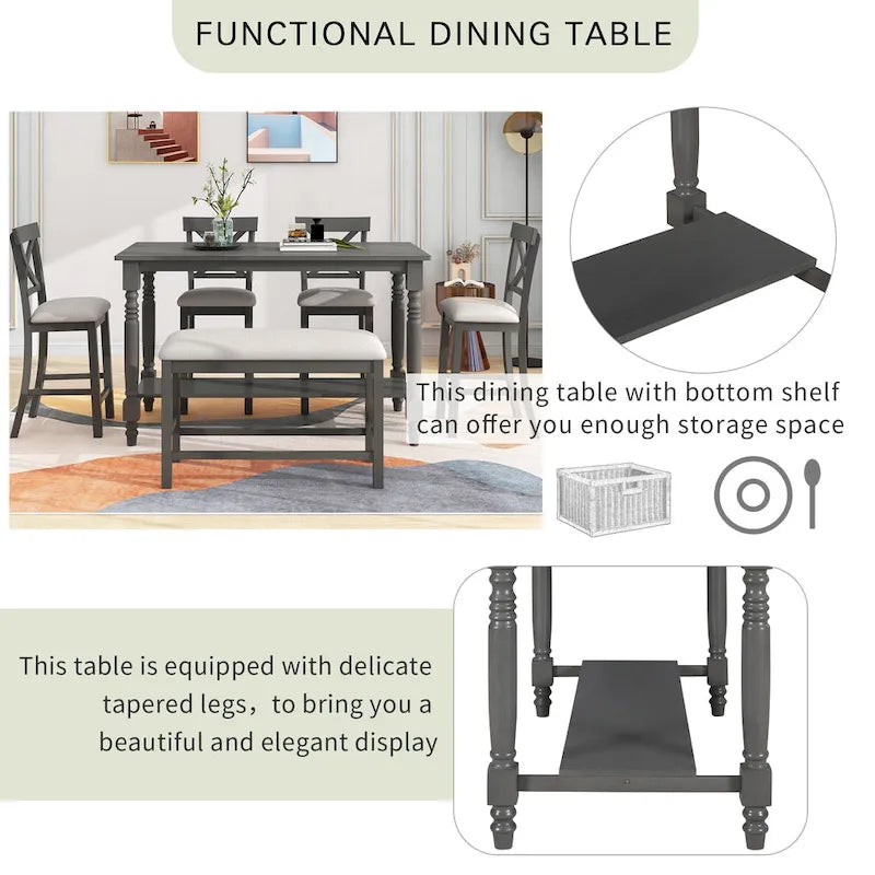 Vintage 6-Piece Counter Height Wooden Dining Table Set with 4 Chairs