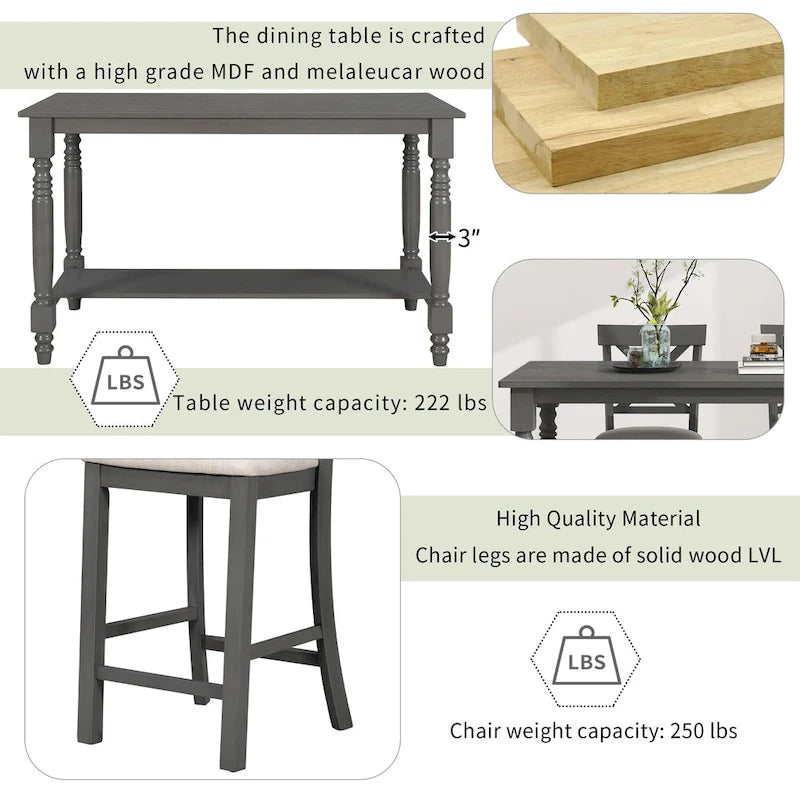 Vintage 6-Piece Counter Height Wooden Dining Table Set with 4 Chairs