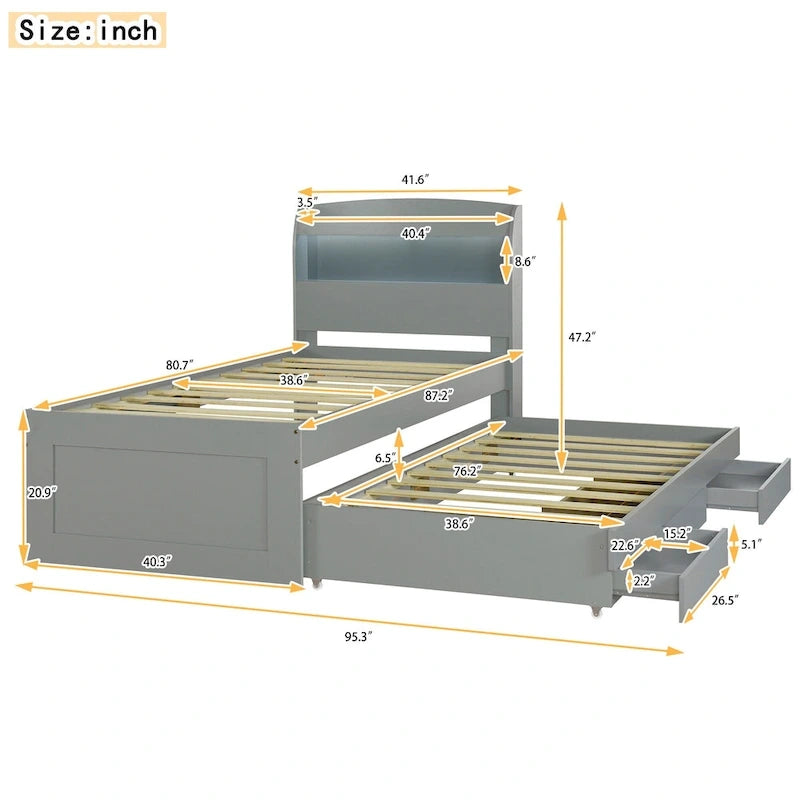 Gray Twin XL Platform Bed with LED Headboard & Drawers