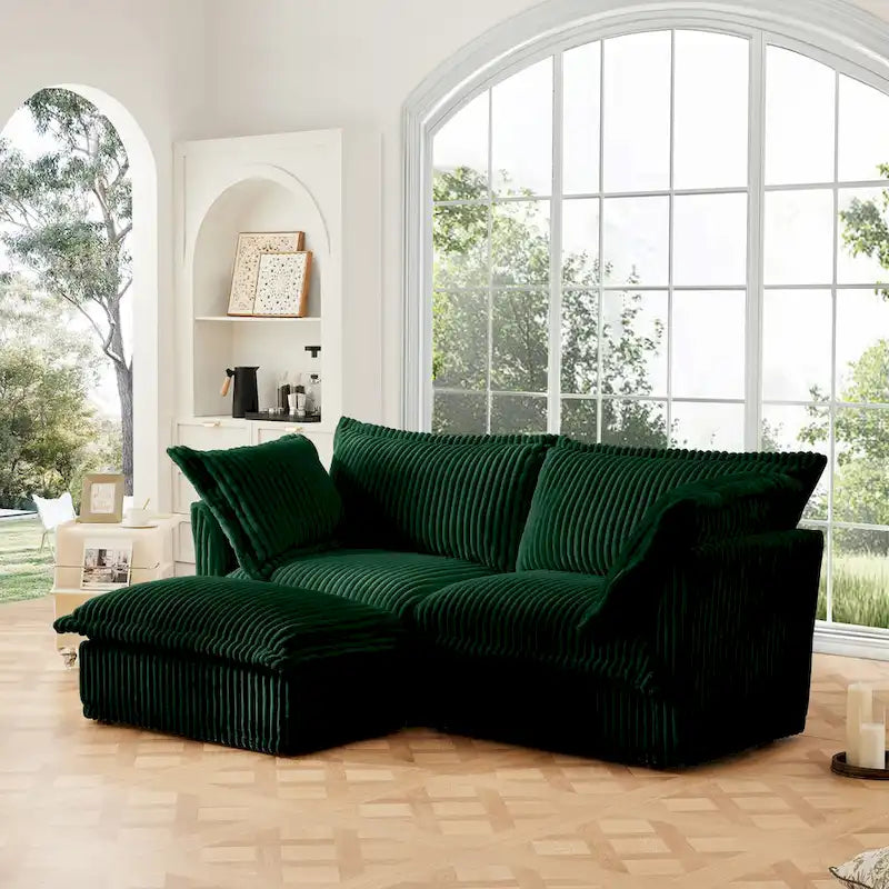 Corduroy 2-Seater Sectional Sofa with Convertible Ottoman & Pillows