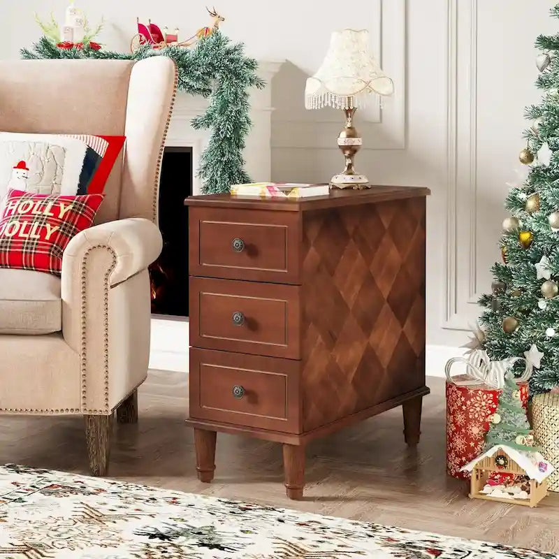 Solid Wood 3 - Drawer End Table Set,Fully Assembled Narrow Side Table