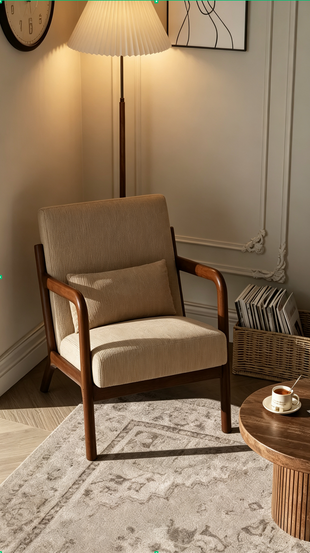 Fauteuil d'appoint Mid-Century Modern – Fauteuil en chenille avec coussin lombaire amovible, fauteuil de lecture en bois massif pour salon, chambre à coucher