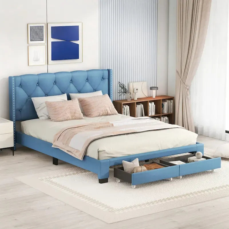 Queen Size Linen Platform Bed with 2 Drawers