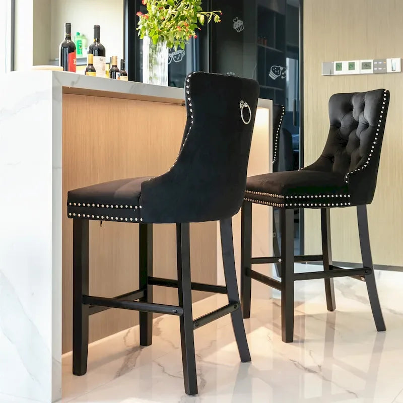Contemporary Velvet Upholstered Barstools with Button Tufted Decoration and Wooden Legs, and Chrome Nailhead Trim, Set of 2
