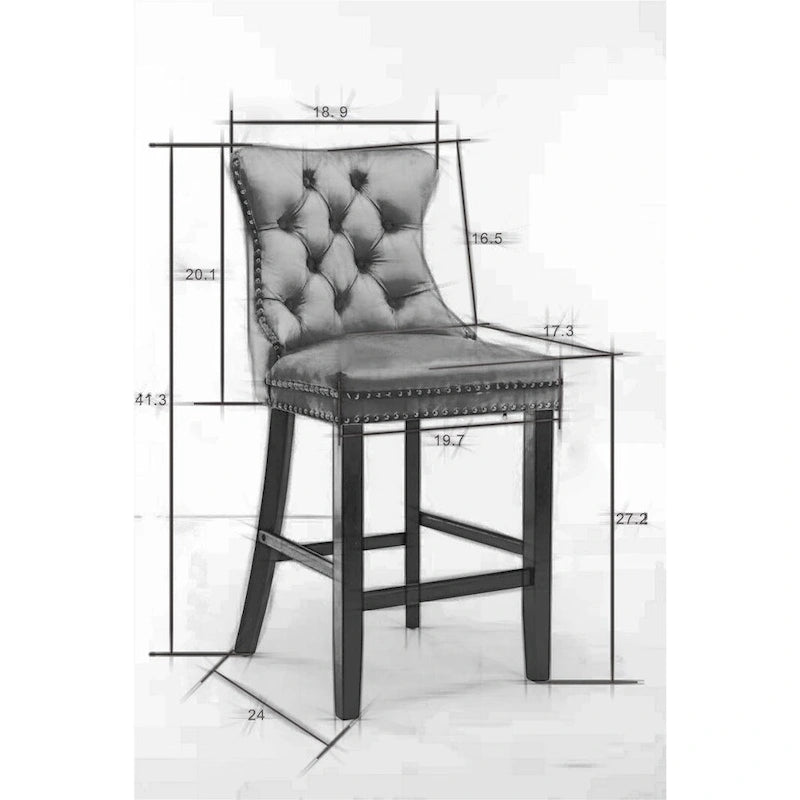 Contemporary Velvet Upholstered Barstools with Button Tufted Decoration and Wooden Legs, and Chrome Nailhead Trim, Set of 2