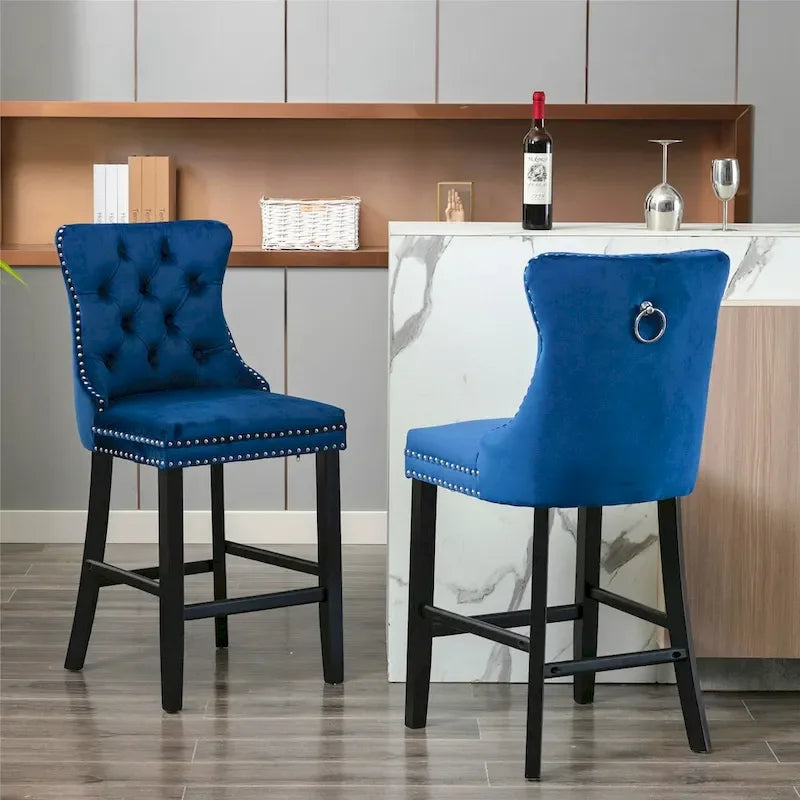 Contemporary Velvet Upholstered Barstools with Button Tufted Decoration and Wooden Legs, and Chrome Nailhead Trim, Set of 2
