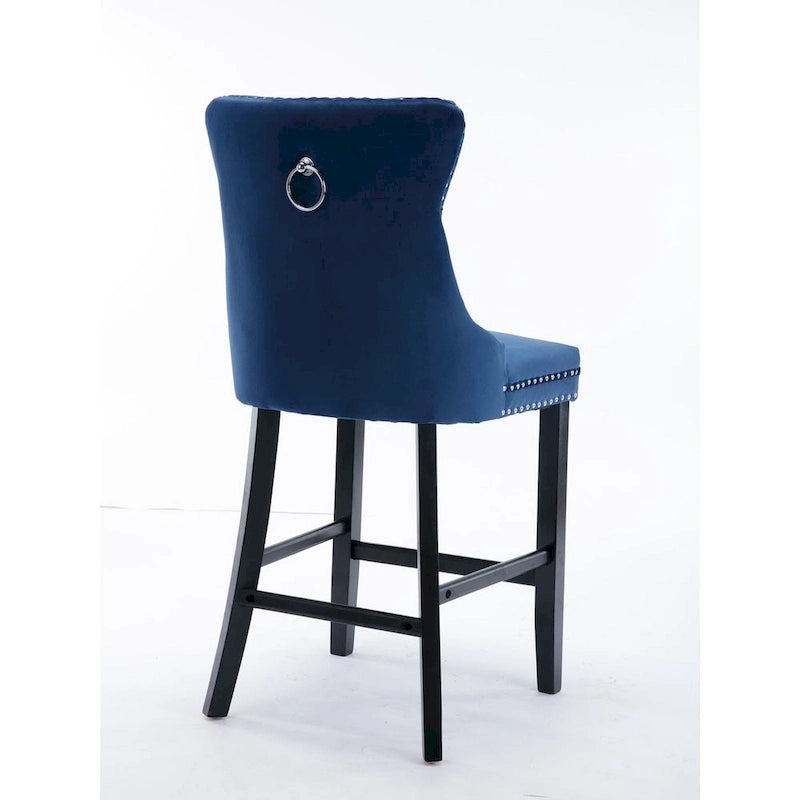 Contemporary Velvet Upholstered Barstools with Button Tufted Decoration and Wooden Legs, and Chrome Nailhead Trim, Set of 2