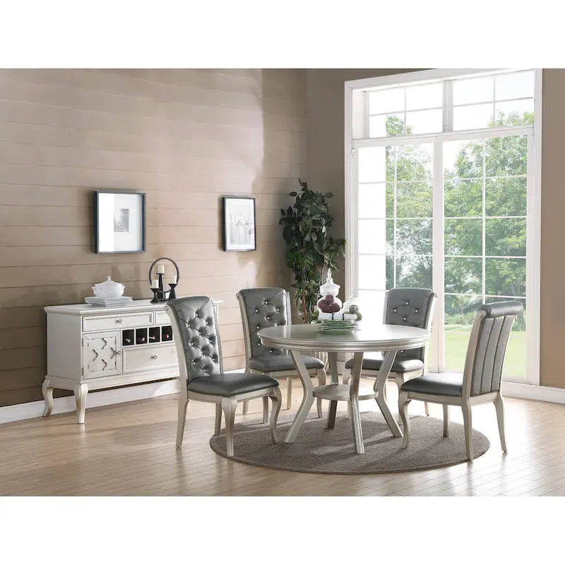 Dining Chairs With Button Tufted Back, Antique Silver(Set of 2)