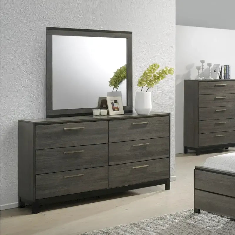 Roundhill Furniture Ioana 187 Antique Grey Finish Wood Bed Room Set, Queen Size Bed, Dresser, Mirror, Night Stand