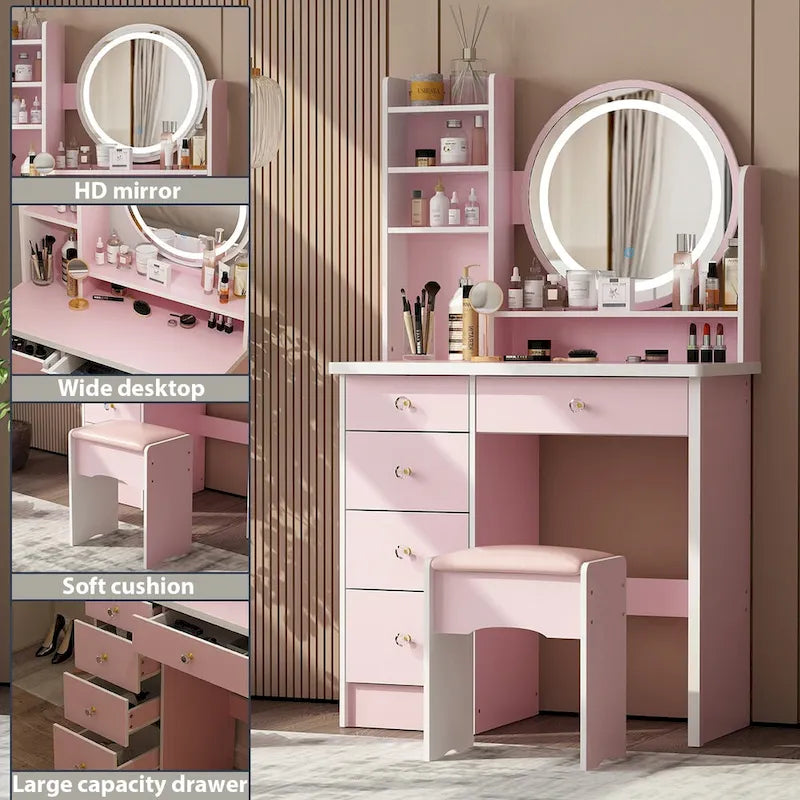Timechee 31.5 Wide Makeup Vanity Set with Stool, Mirror,3 Color Light - 31.5W
