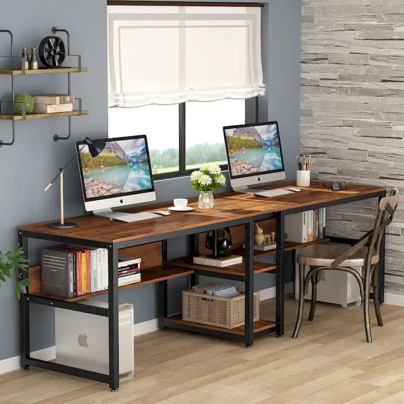 78.7 Two Person Desk, Double Desk with Bookshelf