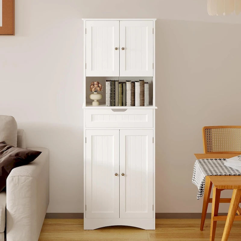 66.5Tall Freestanding White Kitchen Food Storage Cabinet with Metal Slide Drawers with Flip-Flops