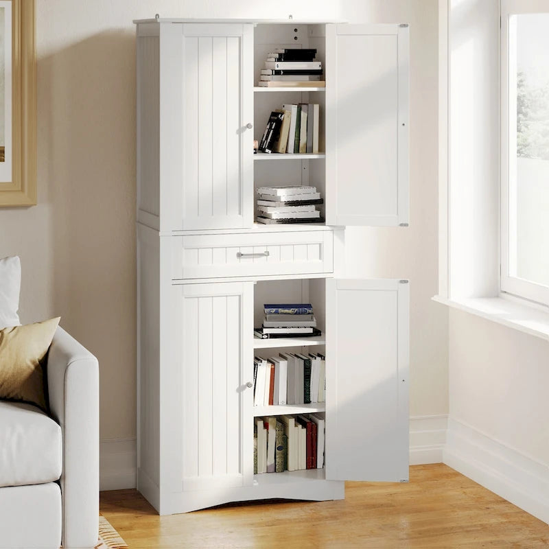 66.5Tall Freestanding White Kitchen Food Storage Cabinet with Metal Slide Drawers with Flip-Flops