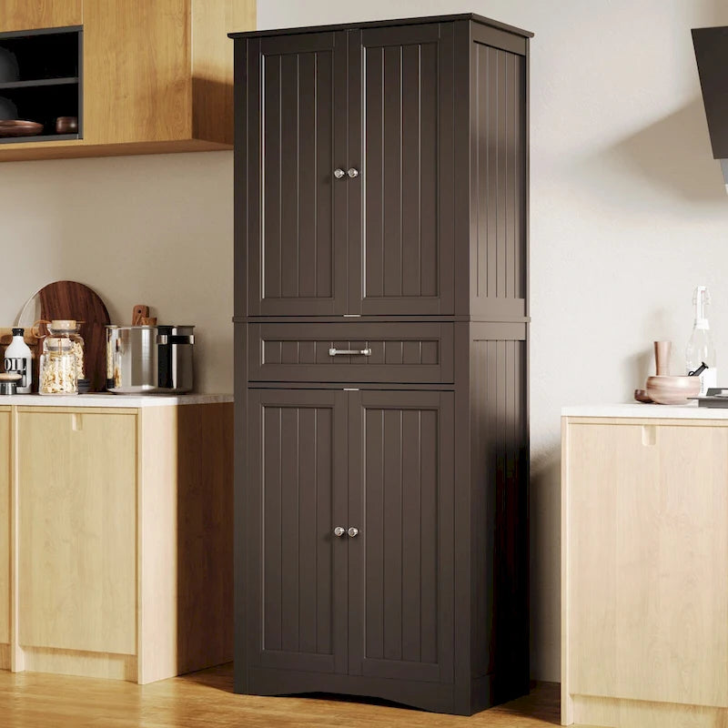 66.5Tall Freestanding White Kitchen Food Storage Cabinet with Metal Slide Drawers with Flip-Flops