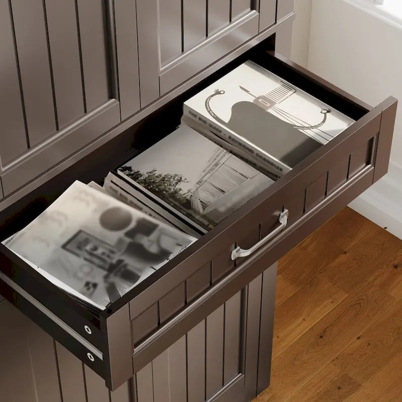 66.5Tall Freestanding White Kitchen Food Storage Cabinet with Metal Slide Drawers with Flip-Flops
