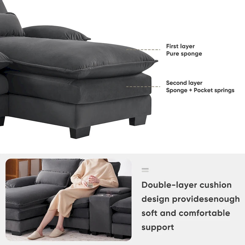 [VIDEO provided][New]123*55 Modern U-shaped Sofa with Console,Cupholders and USB Ports,6-seat Upholstered Symmetrical Indoor Fu