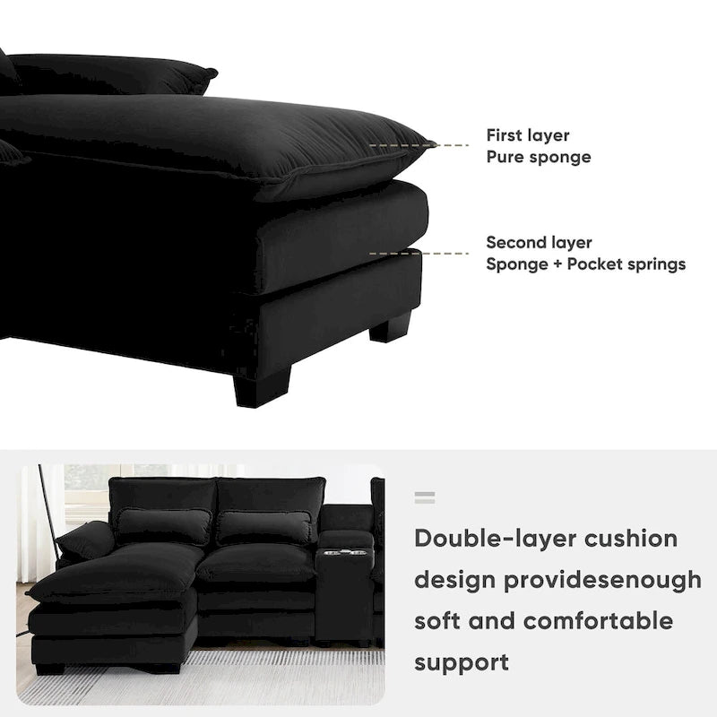 [VIDEO provided][New]123*55 Modern U-shaped Sofa with Console,Cupholders and USB Ports,6-seat Upholstered Symmetrical Indoor Fu