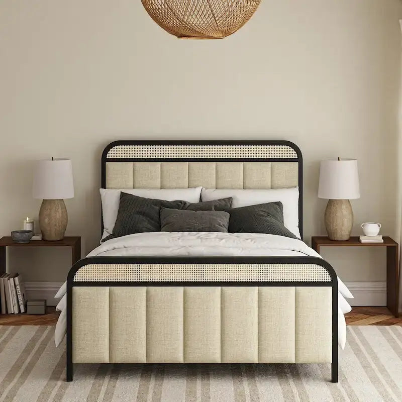 Alphons Modern Solid Wood Frame Ratten Bed with LED Headboard by HULALA HOME