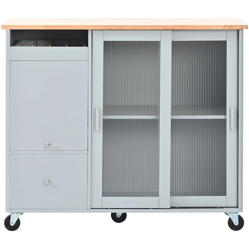 Kitchen Island with Drop Leaf Surface, LED Light, Fluted Glass Doors, Adjustable Shelf, Two Drawers, and Casters