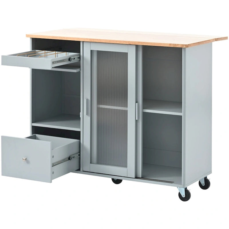 Kitchen Island with Drop Leaf Surface, LED Light, Fluted Glass Doors, Adjustable Shelf, Two Drawers, and Casters