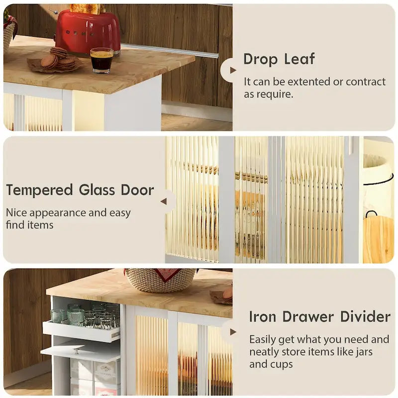 Kitchen Island with Drop Leaf Surface, LED Light, Fluted Glass Doors, Adjustable Shelf, Two Drawers, and Casters
