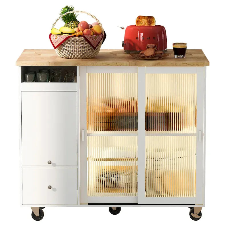 Kitchen Island with Drop Leaf Surface, LED Light, Fluted Glass Doors, Adjustable Shelf, Two Drawers, and Casters