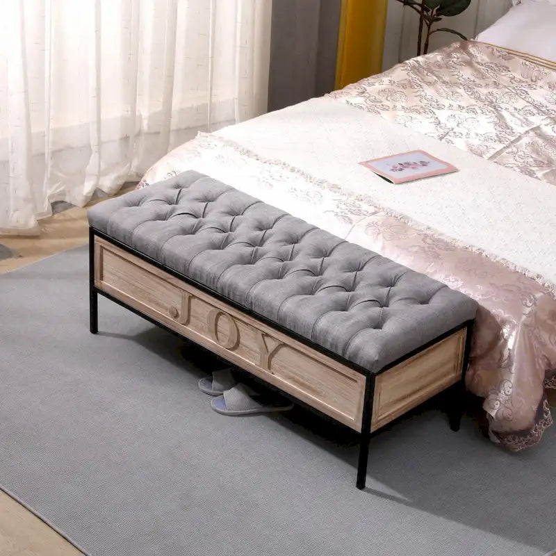 48 Linen Storage Bench: Button-Tufted, Wooden Ottoman for Bedroom, Living Room