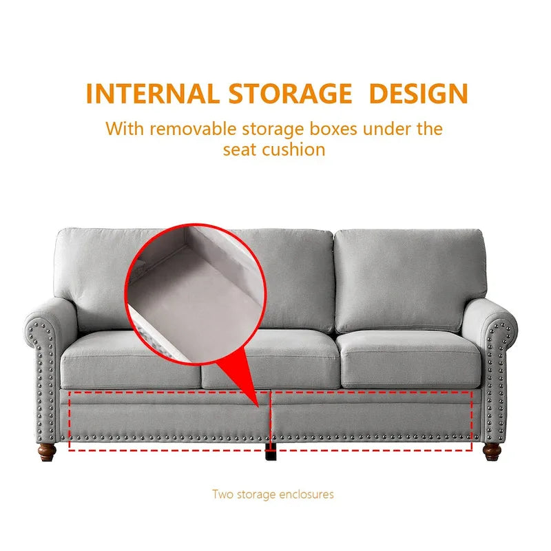 Linen Fabric Upholstered Sofa with Storage, 3-Seater Couch with Solid Wood Frame, Round Arms, and Removable Cushion Cover