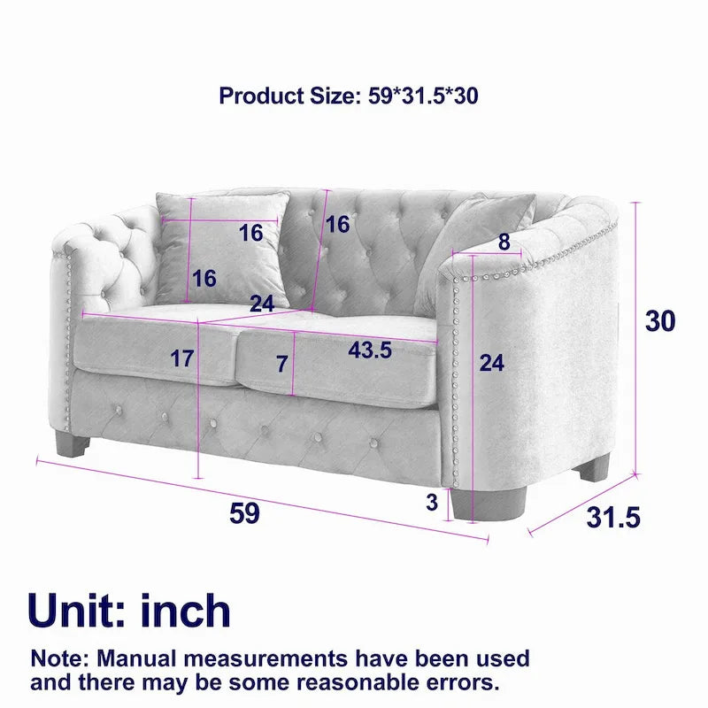 59Modern Velvet Sofa,2-Seater Sofa,Upholstered Tufted Backrests with Nailhead Arms and 2 Cushions for Living Room