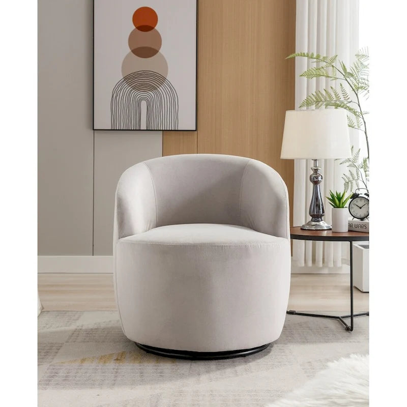 Velvet Fabric Swivel Barrel Chair with Black Powder Coating Metal Ring