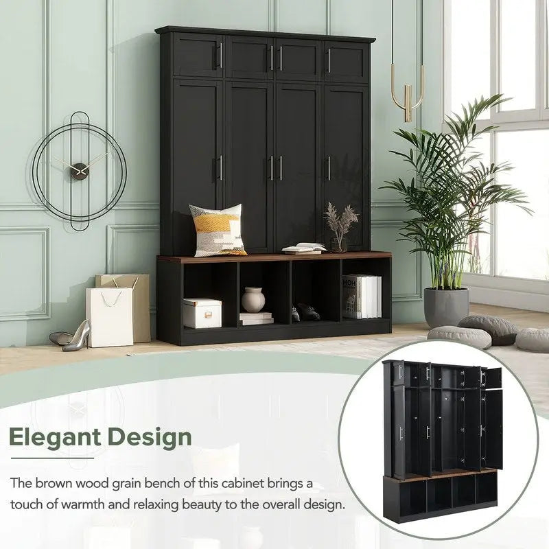 Hall Tree Hallway Storage Bench with Shoe Cubbies and Coat Rack with Hooks