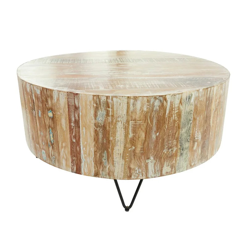 Mango Wood Handmade Distressed Coffee Table or Accent Table with Black Metal Hairpin Legs - Brown - Roche River Decor