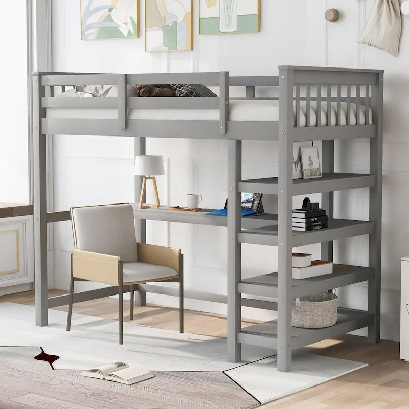 Twin Size Pine Loft Bed with Storage Shelves and Under-Bed Desk