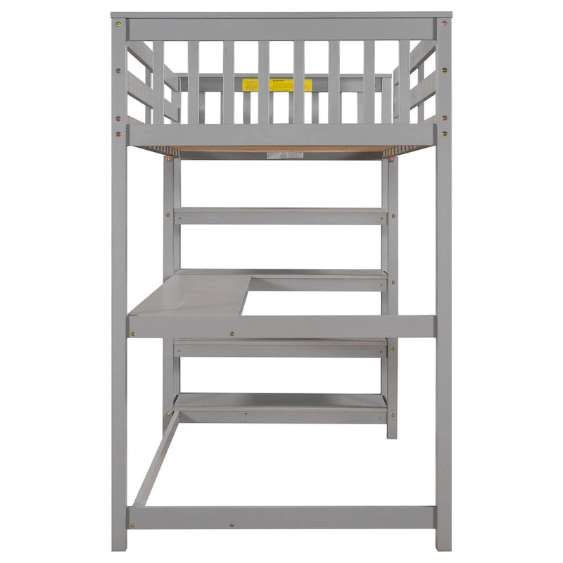 Twin Size Pine Loft Bed with Storage Shelves and Under-Bed Desk