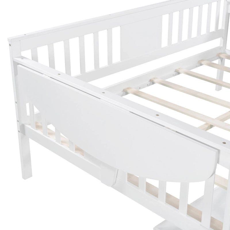 Full-size Daybed Sofa Bed with Two Drawers, Handrails, and Wood Slat Support