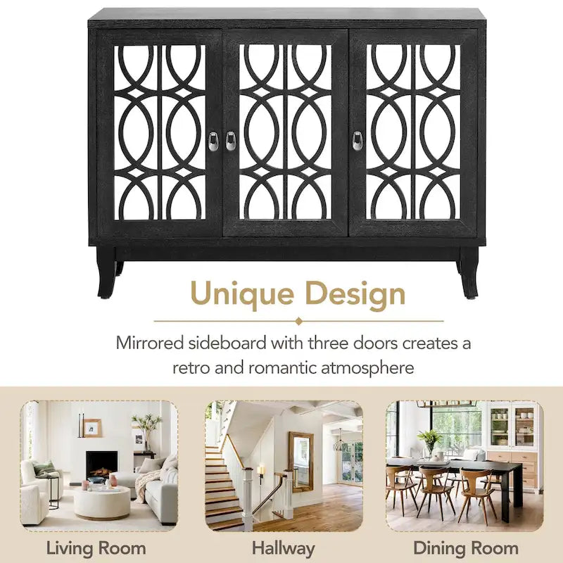 3 Door Mirrored Buffet Cabinet with Silver Handle for Living room and Dining