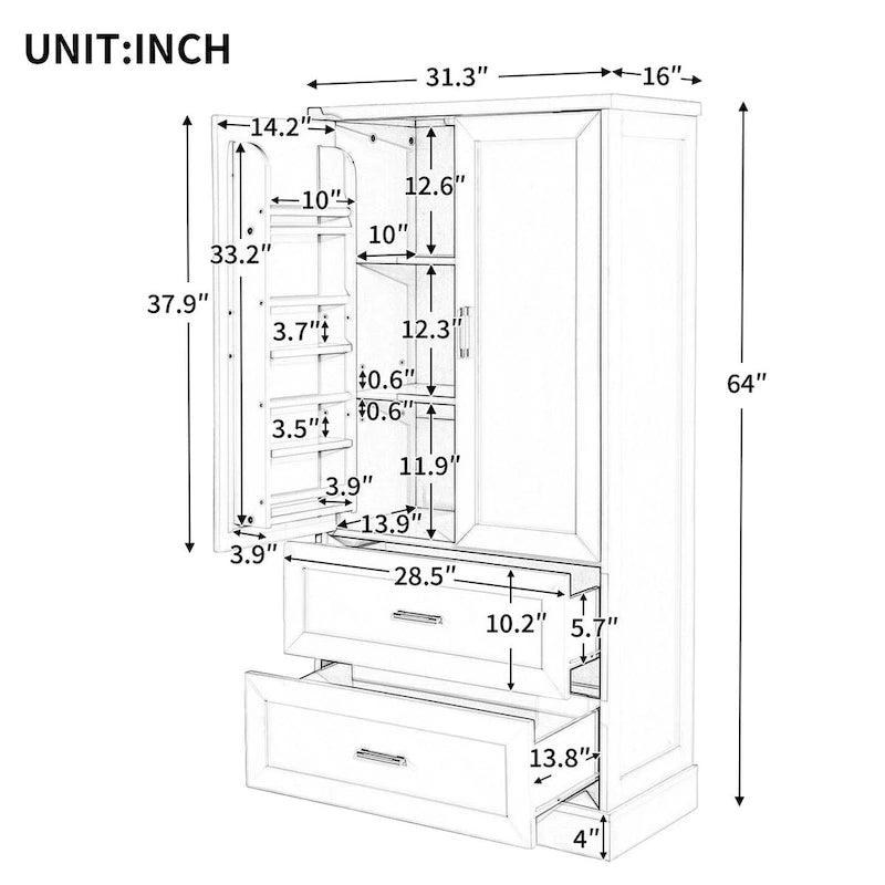 64 Tall Bathroom Storage Cabinet with Two Doors, Drawers