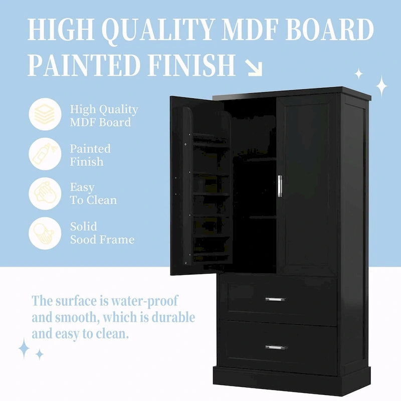 64 Tall Bathroom Storage Cabinet with Two Doors, Drawers