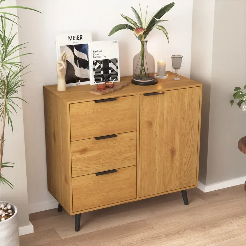 Storage Cabinet with 3 Drawers & Adjustable Shelf, Mid Century Cabinet with Door, Accent Cabinet, Natural Wood Color