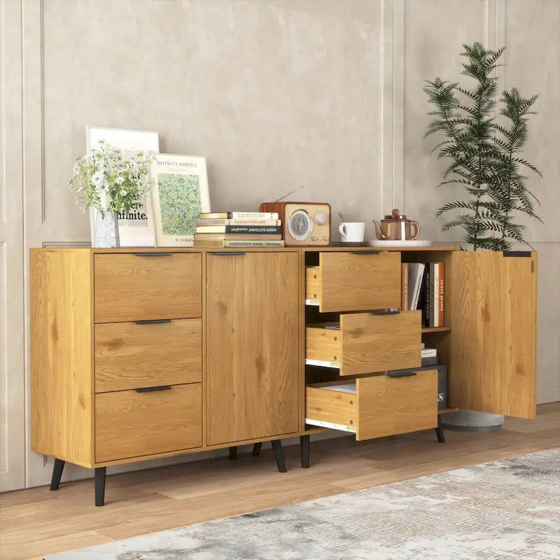 Storage Cabinet with 3 Drawers & Adjustable Shelf, Mid Century Cabinet with Door, Accent Cabinet, Natural Wood Color