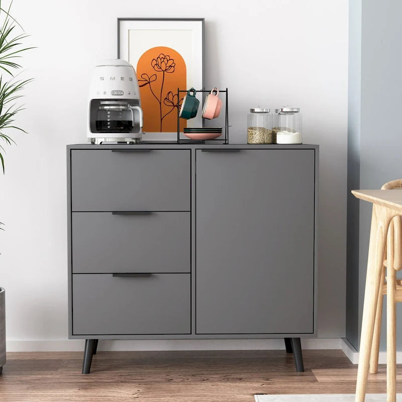 Storage Cabinet with 3 Drawers & Adjustable Shelf, Mid Century Cabinet with Door, Accent Cabinet, Natural Wood Color